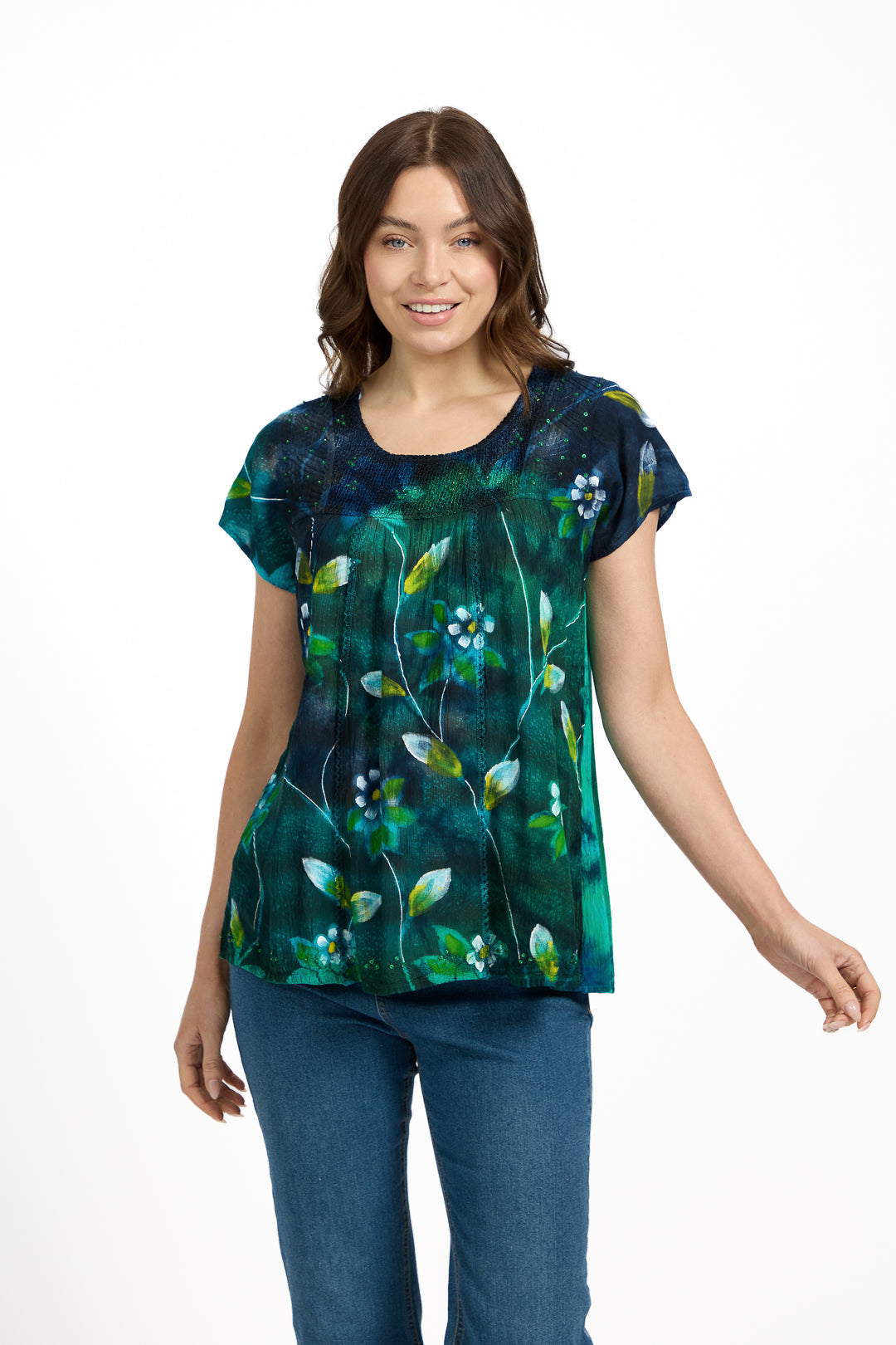 Painted Floral Embellished Tie Dye Top