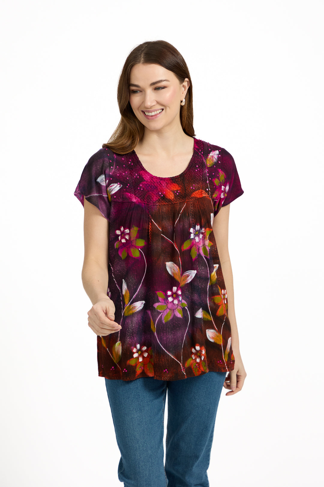 Painted Floral Embellished Tie Dye Top