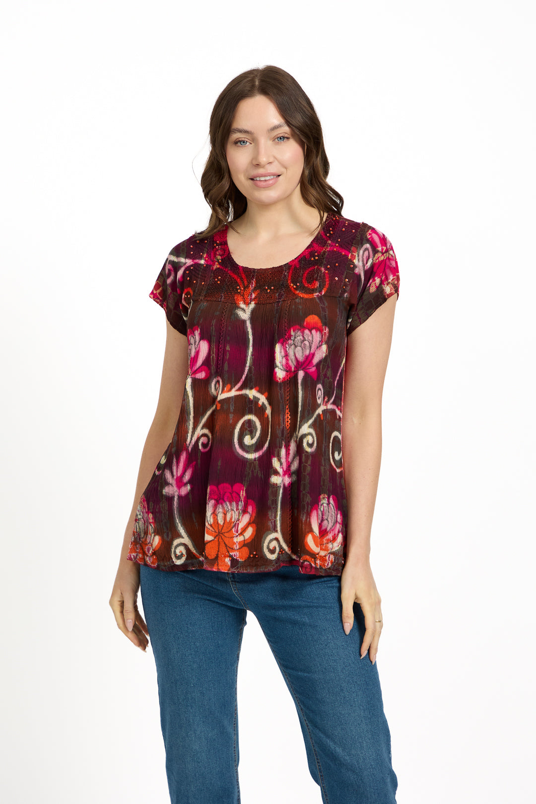 Batik Floral Embellished Tie Dye Top