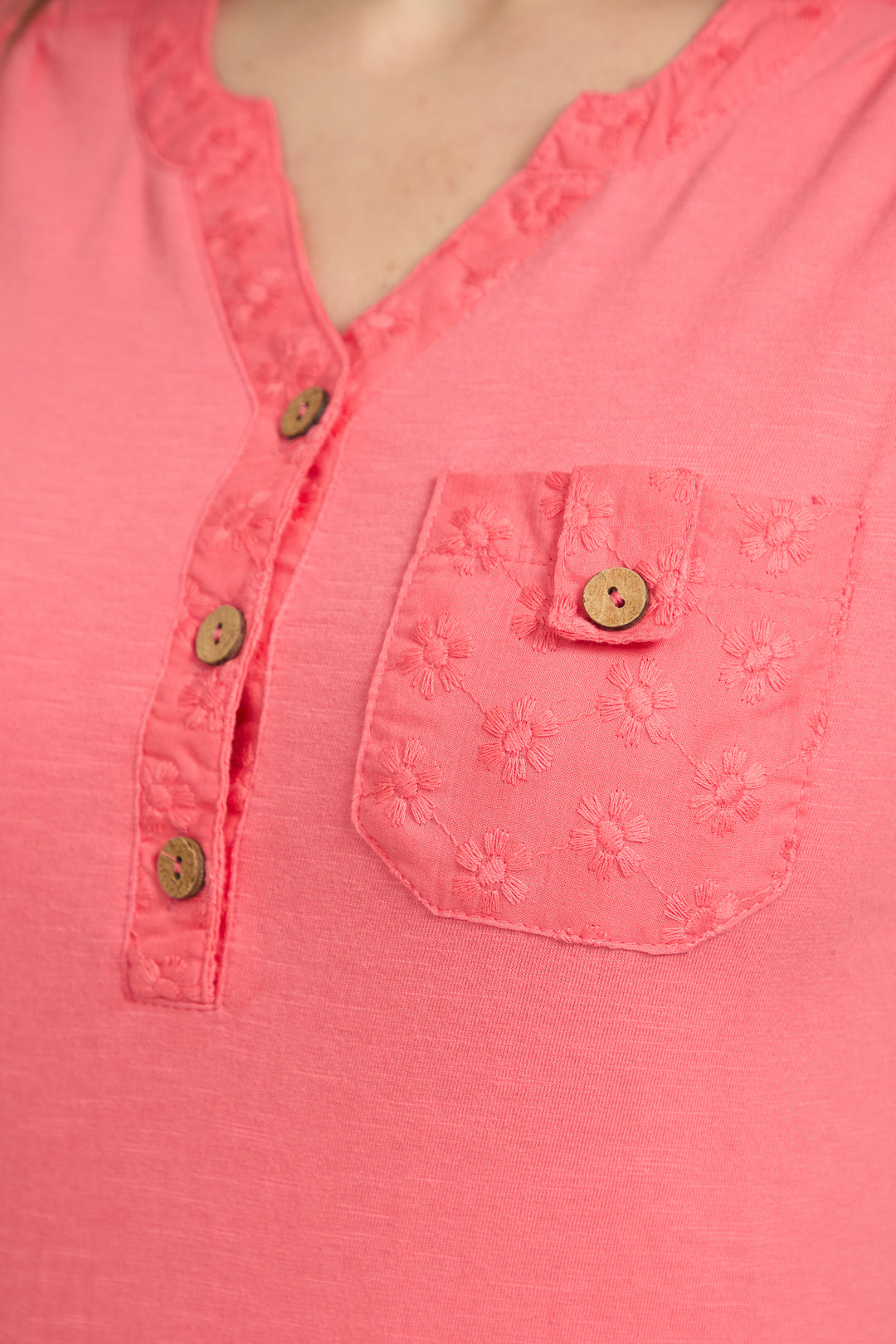 V-Neck Button-Up Floral Embroidery Top
