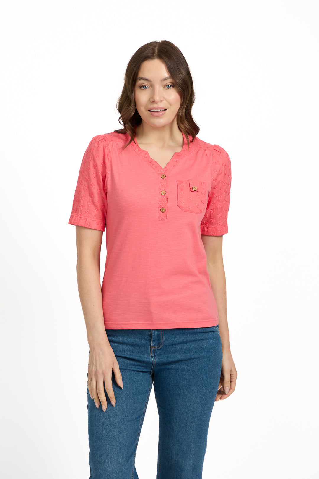 V-Neck Button-Up Floral Embroidery Top