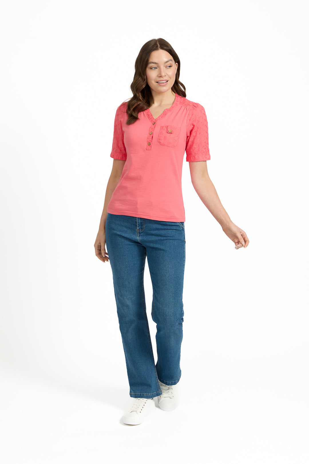 V-Neck Button-Up Floral Embroidery Top
