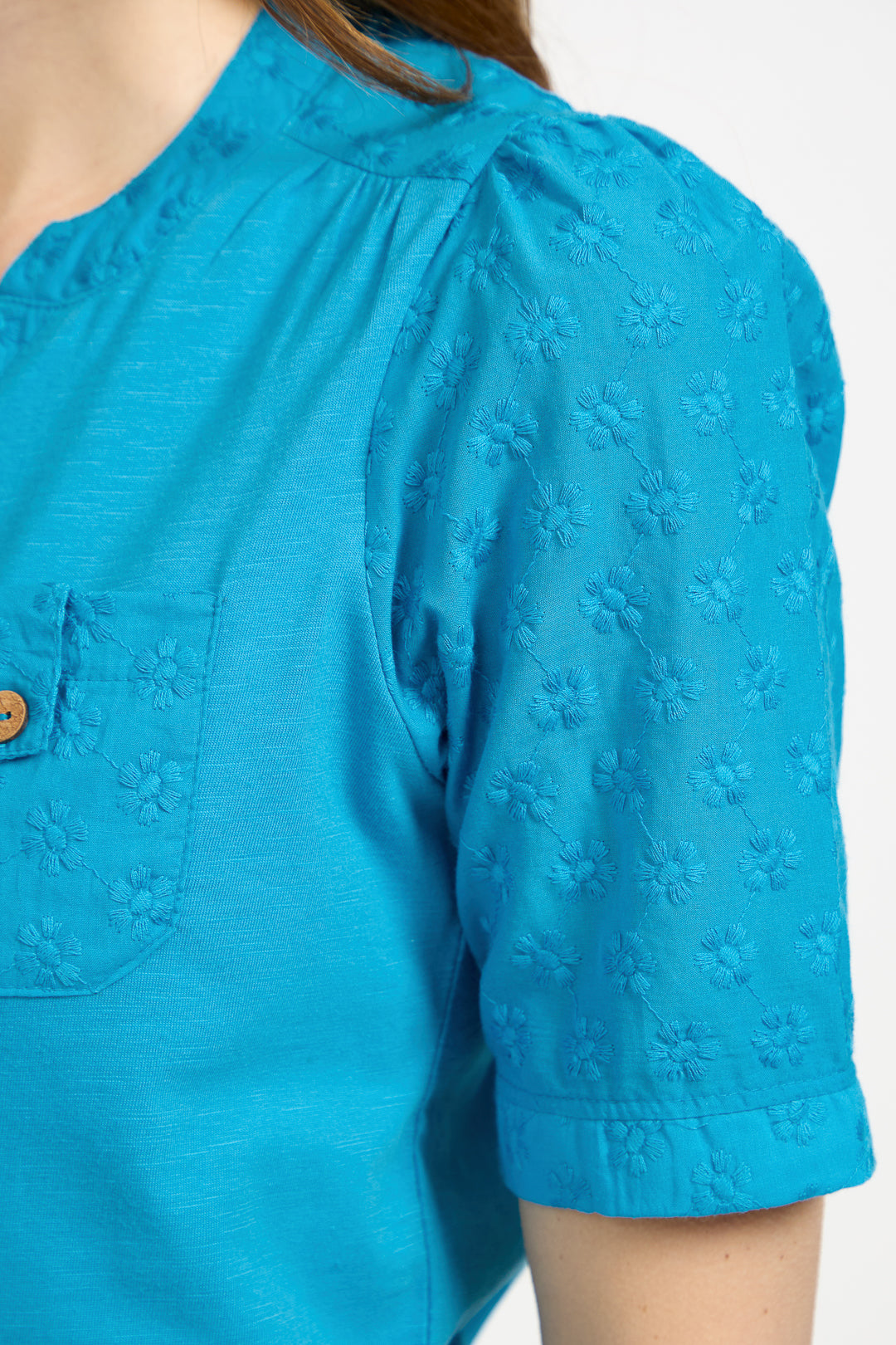 V-Neck Button-Up Floral Embroidery Top