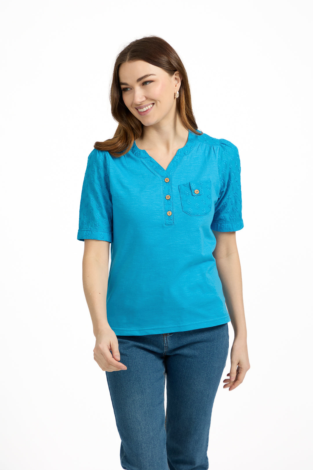 V-Neck Button-Up Floral Embroidery Top