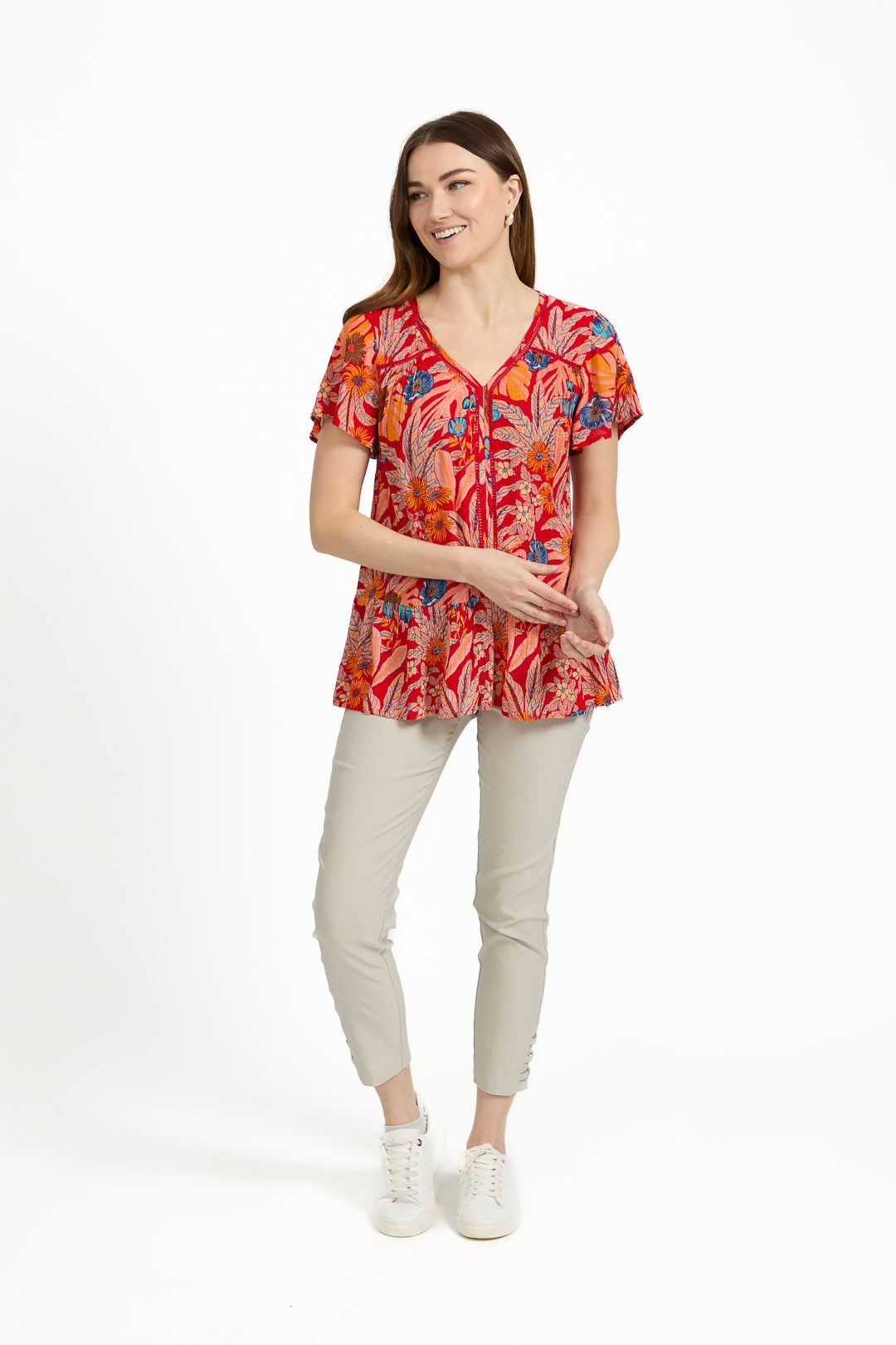 Tropical Print Ladder Trim Top