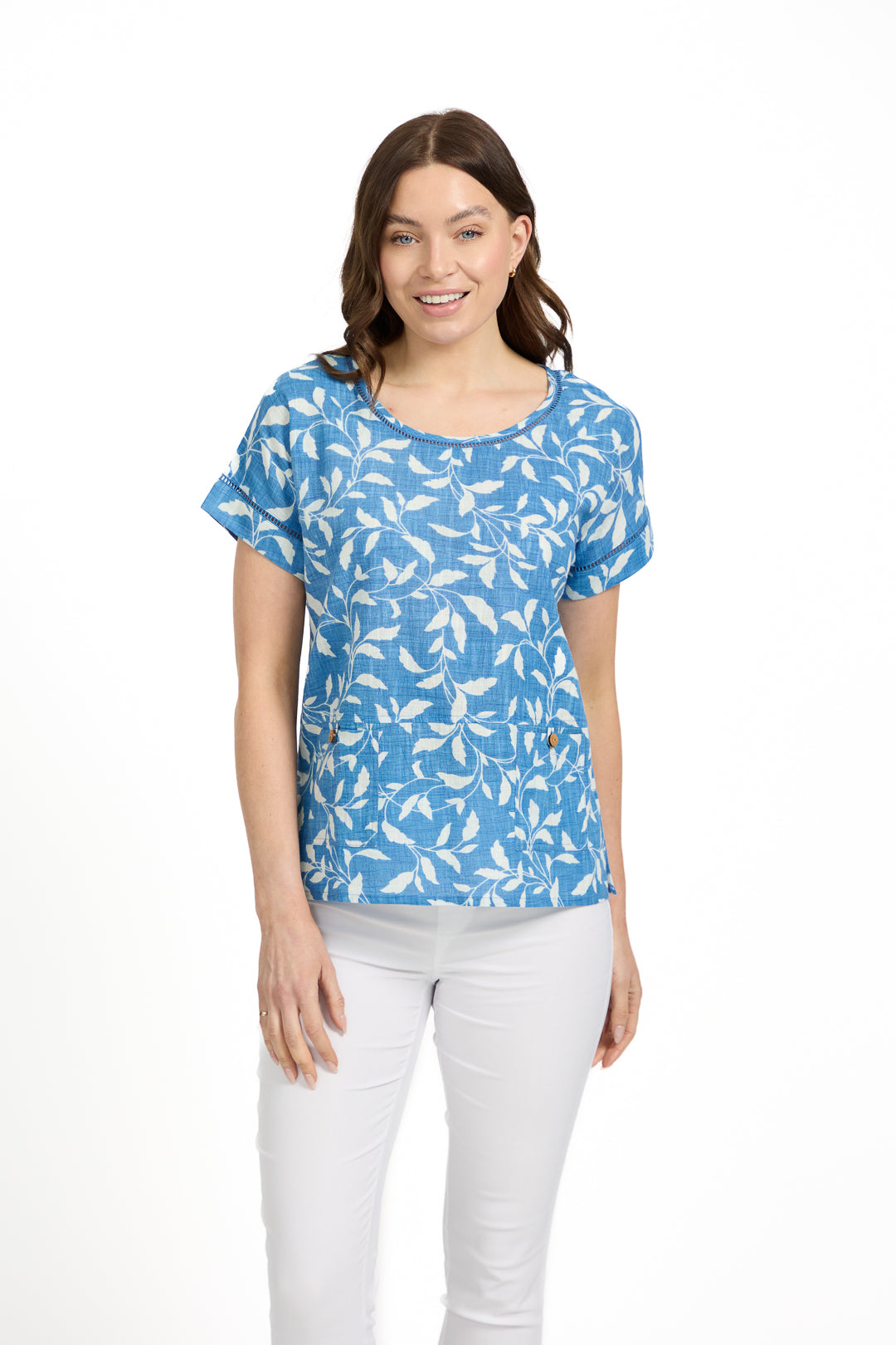Leaf Print Ladder Trim Top
