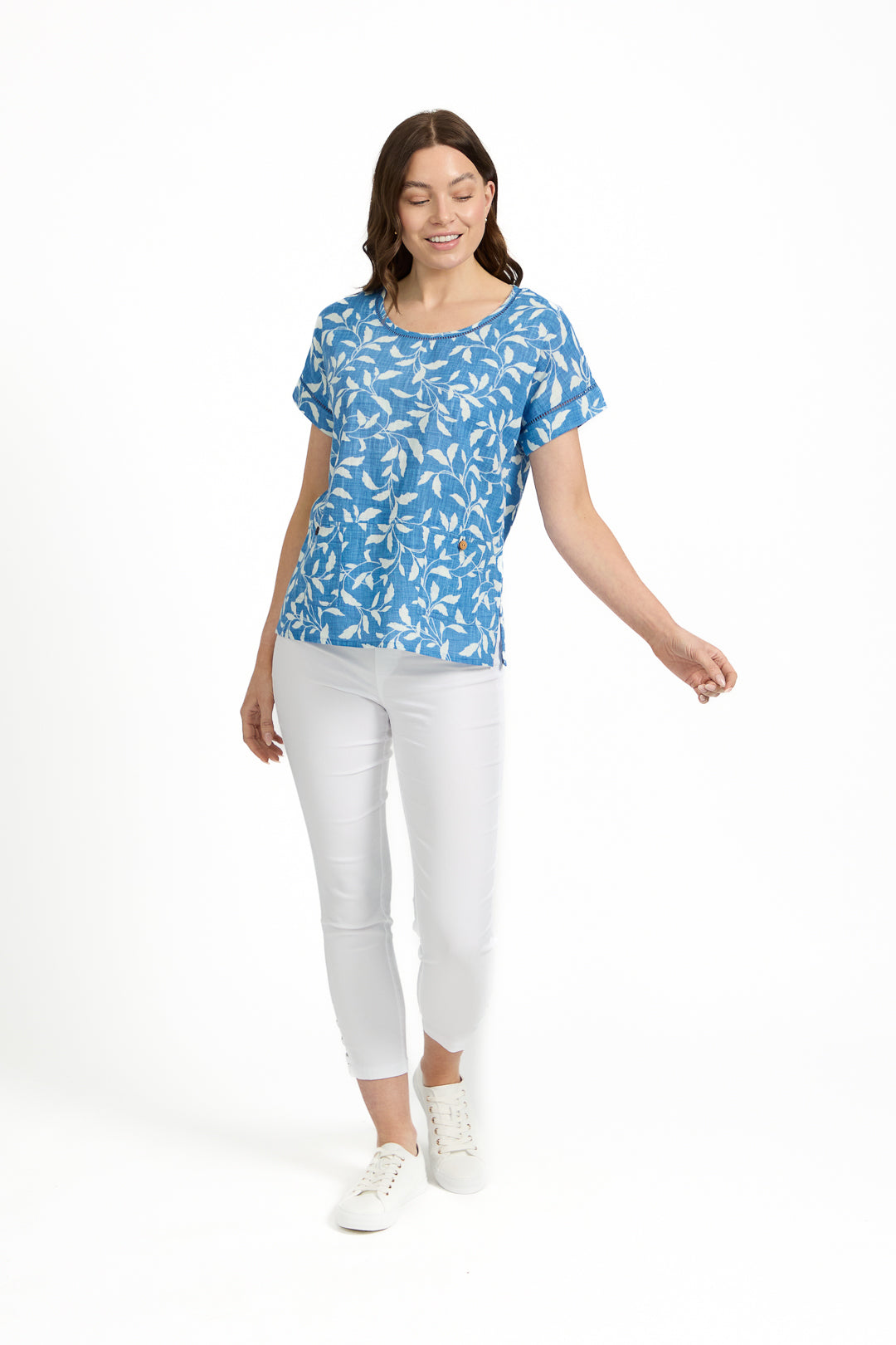 Leaf Print Ladder Trim Top