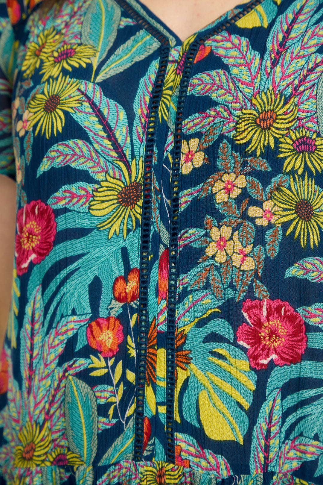 Tropical Print Ladder Trim Top