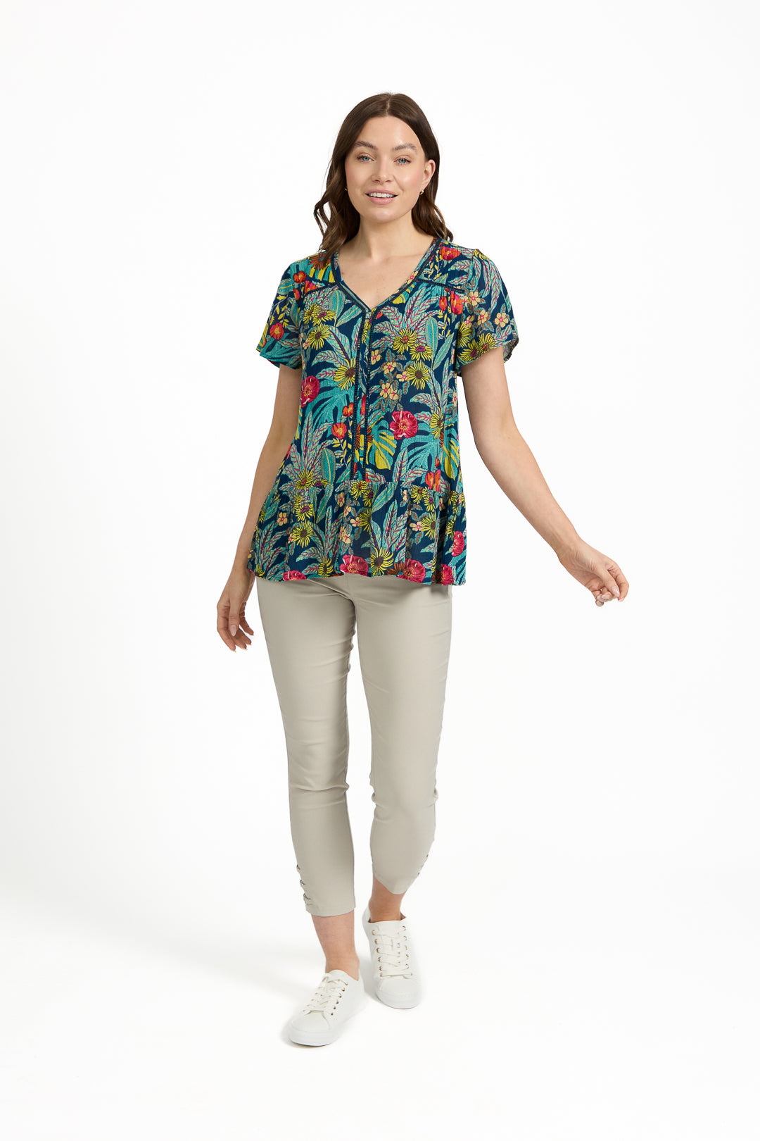 Tropical Print Ladder Trim Top