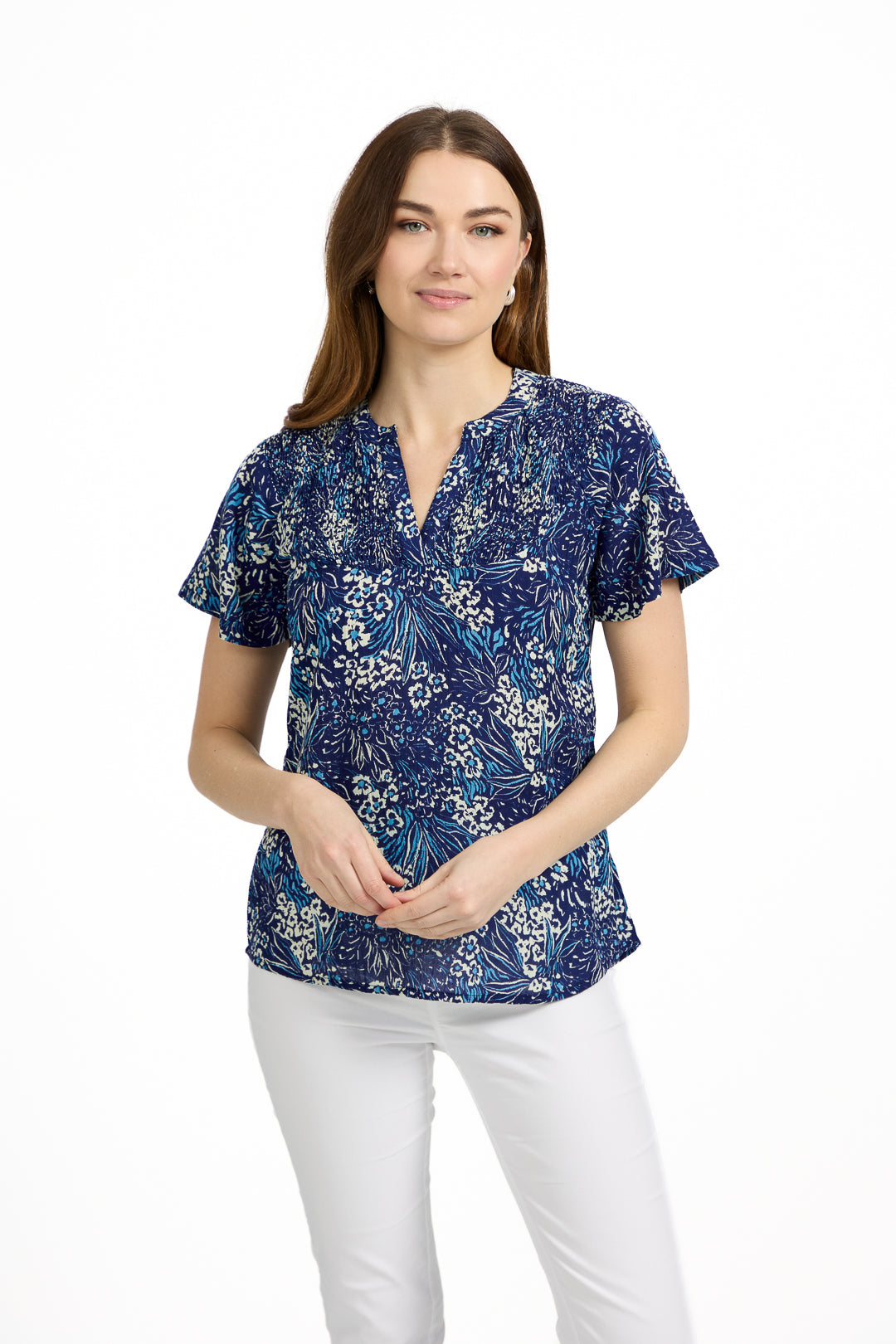 Floral Print Lightweight Shirred Bodice Top