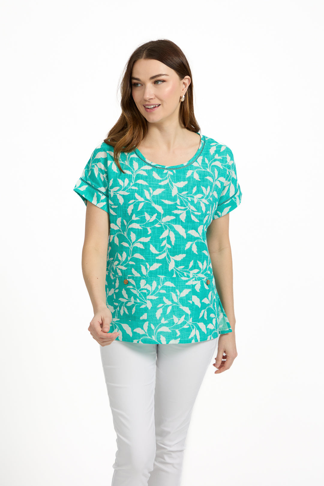 Leaf Print Ladder Trim Top