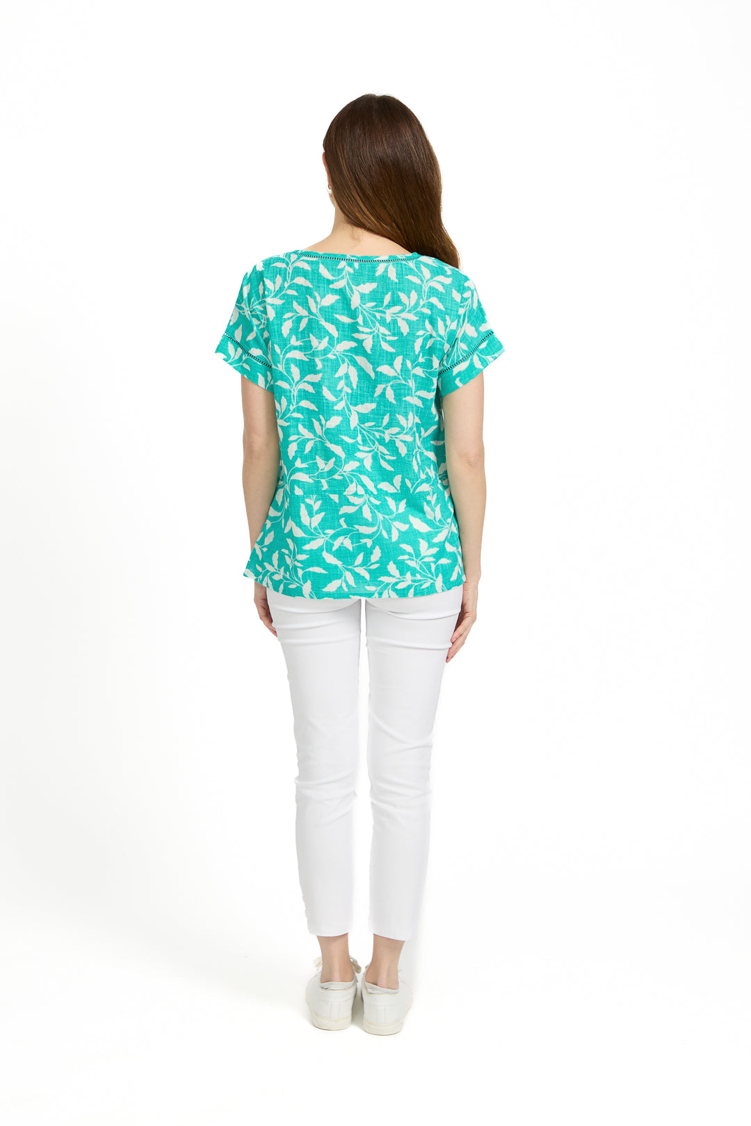 Leaf Print Ladder Trim Top