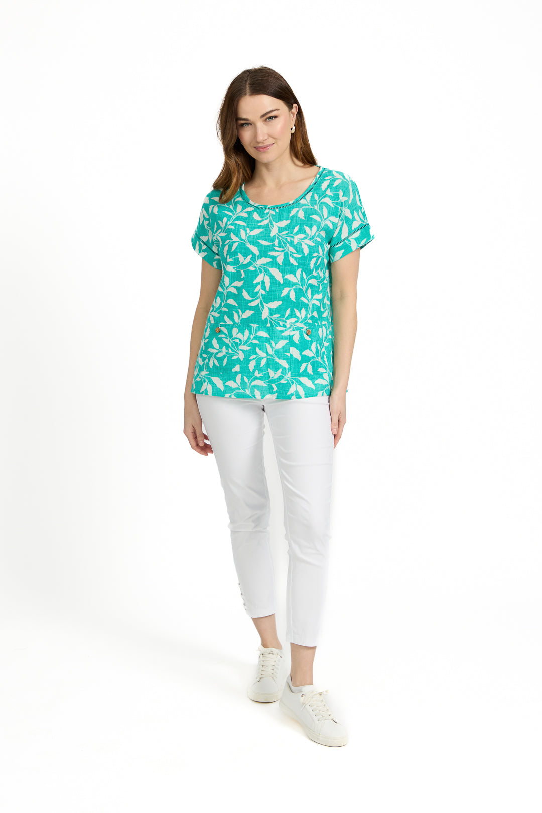 Leaf Print Ladder Trim Top