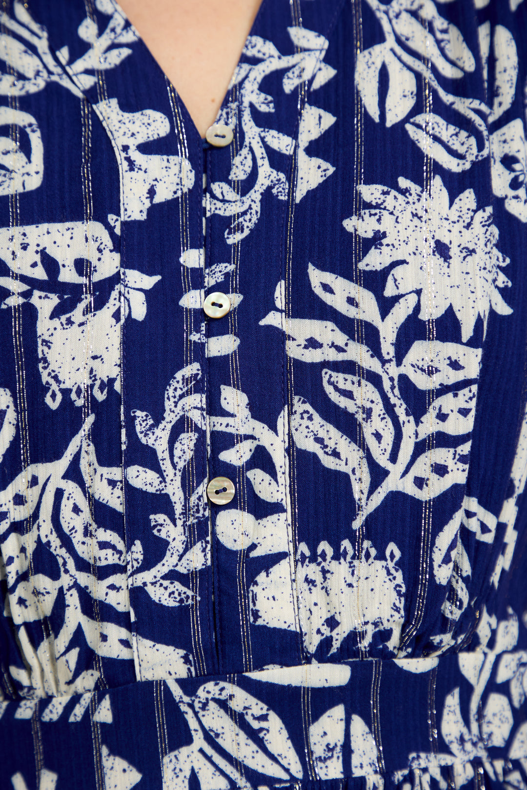 Leaf Print Button-Up V-Neck Lurex Dress