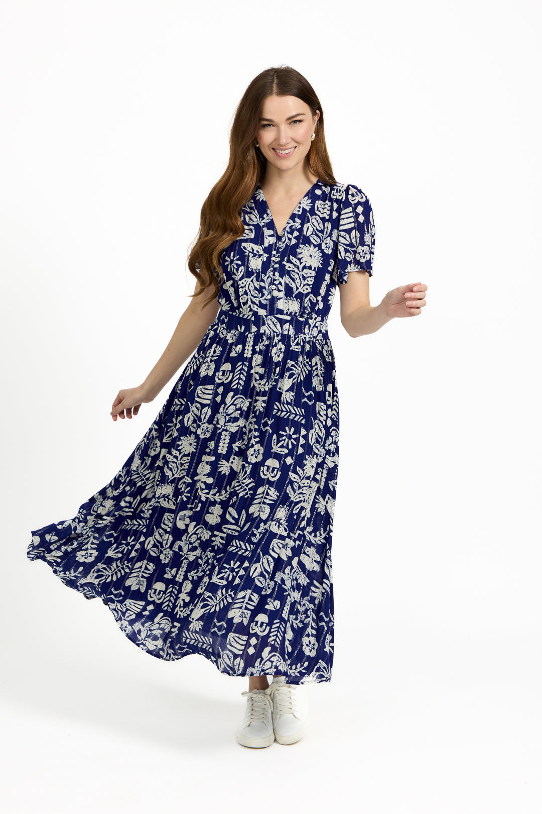 Leaf Print Button-Up V-Neck Lurex Dress