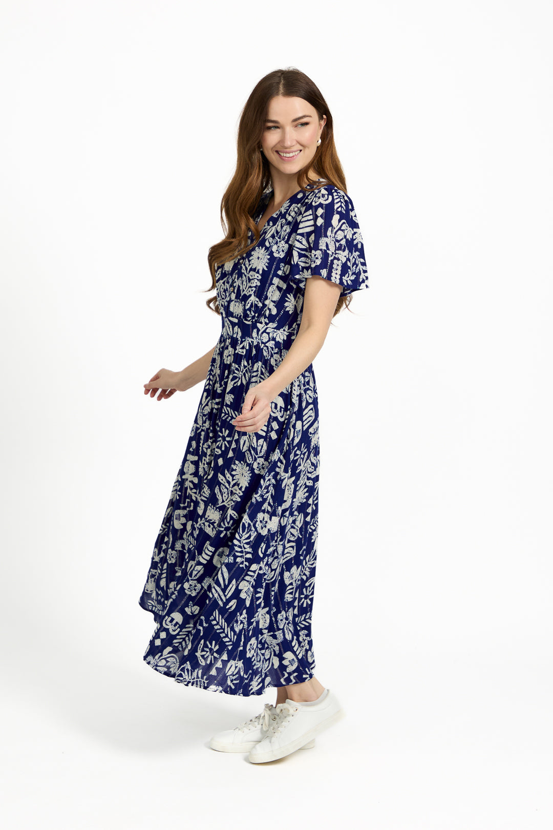 Leaf Print Button-Up V-Neck Lurex Dress
