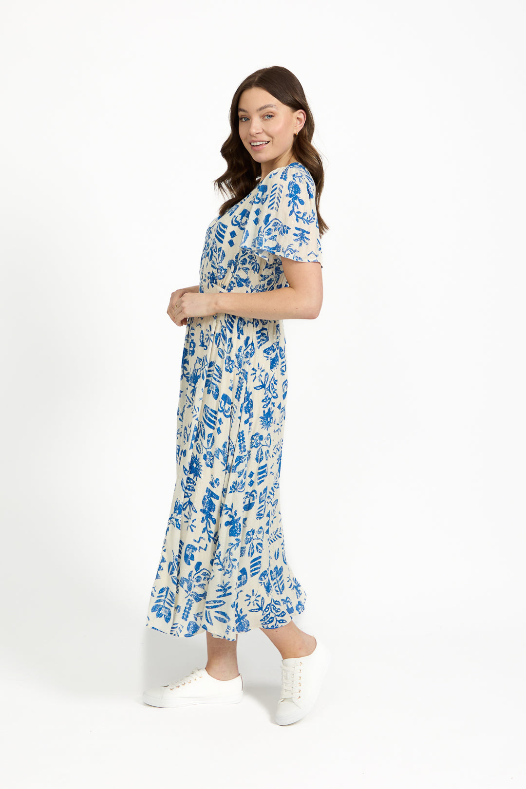 Leaf Print Button-Up V-Neck Lurex Dress