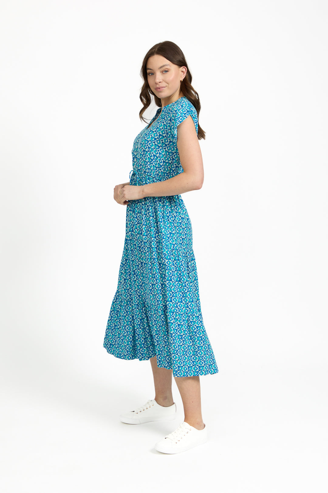 Geometric Print Tie Front Midi Dress