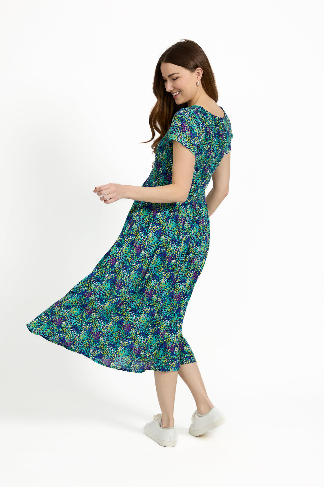 Dotty Print Shirred Bodice Midi Dress