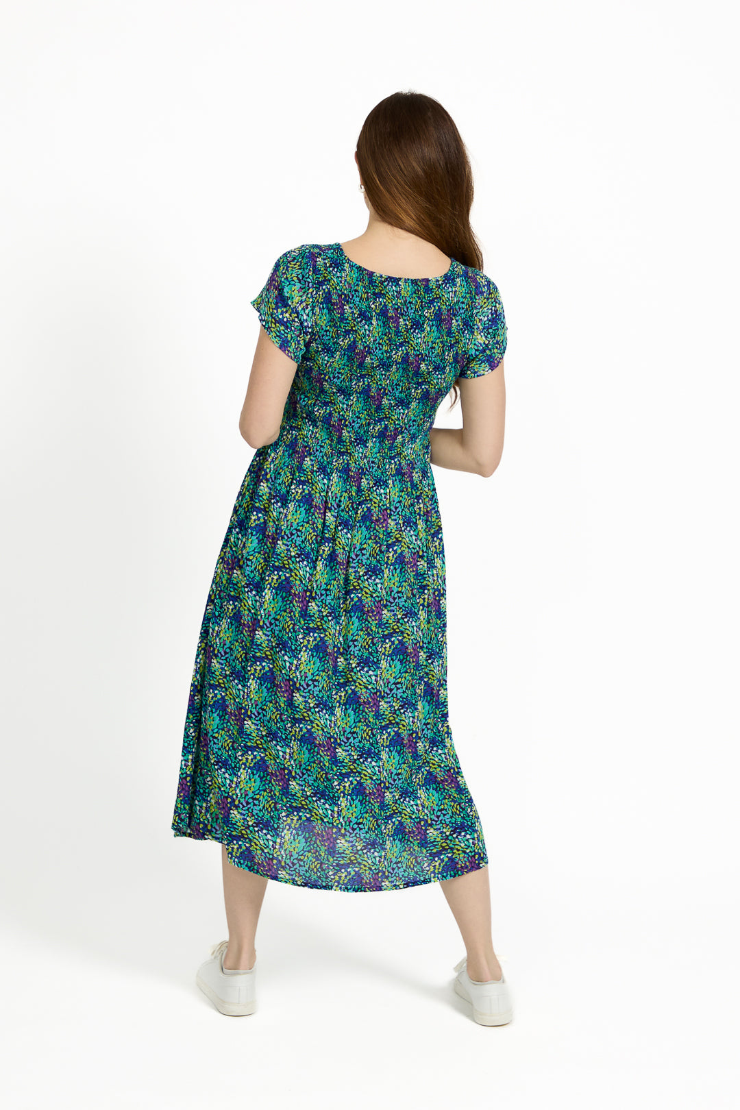 Dotty Print Shirred Bodice Midi Dress