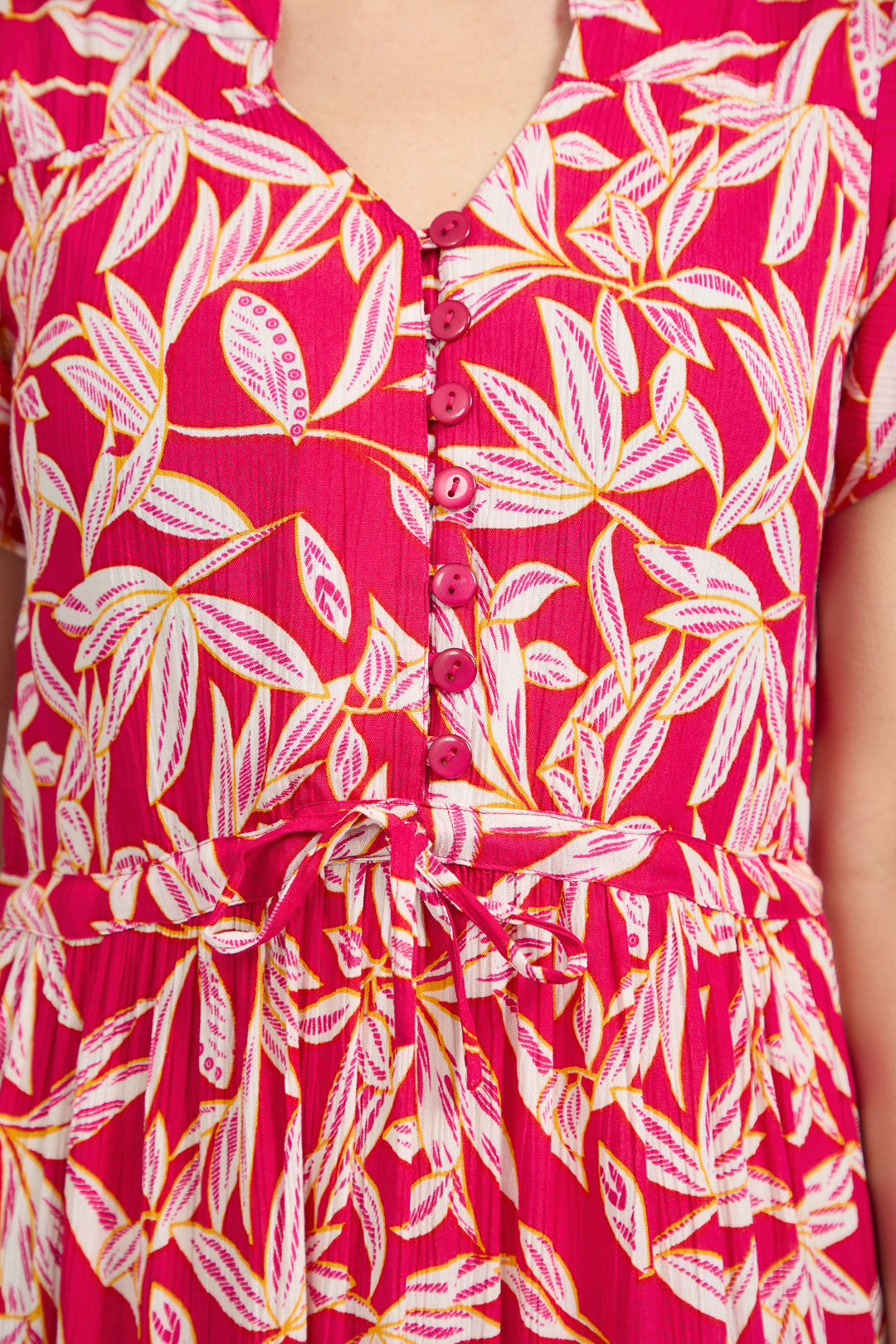 Leaf Print Button-Up Elasticated Tie-Front Flared Midi Dress