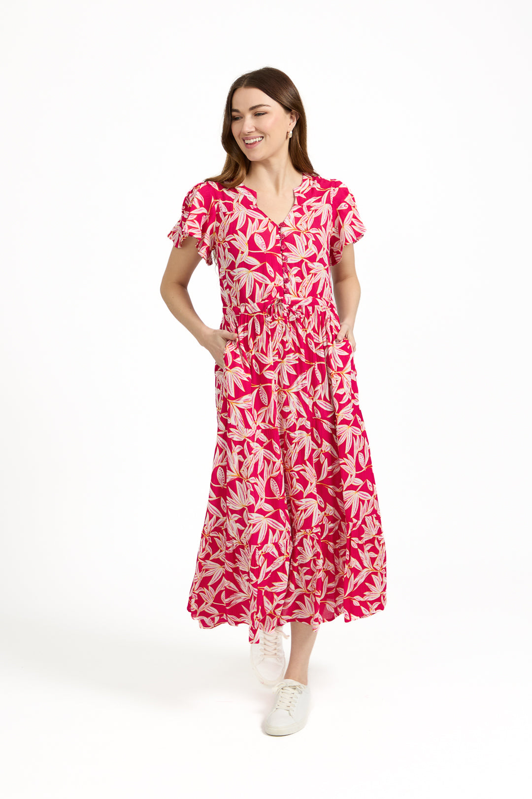 Leaf Print Button-Up Elasticated Tie-Front Flared Midi Dress