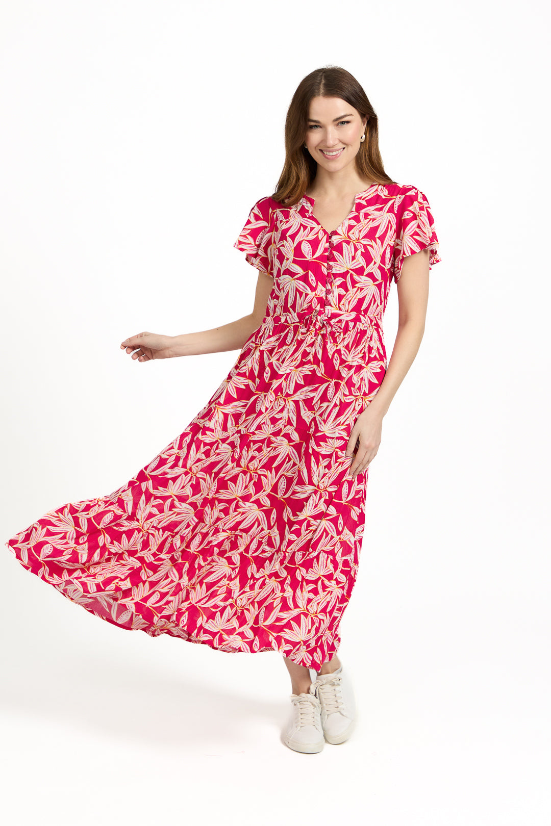 Leaf Print Button-Up Elasticated Tie-Front Flared Midi Dress