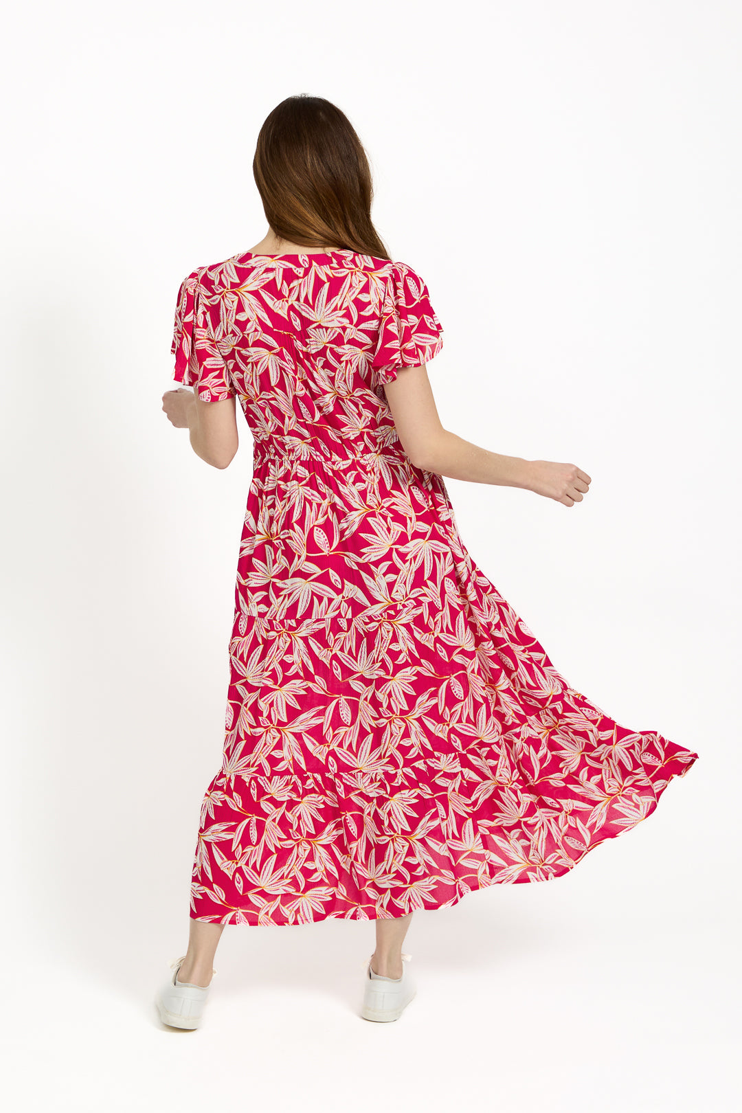 Leaf Print Button-Up Elasticated Tie-Front Flared Midi Dress