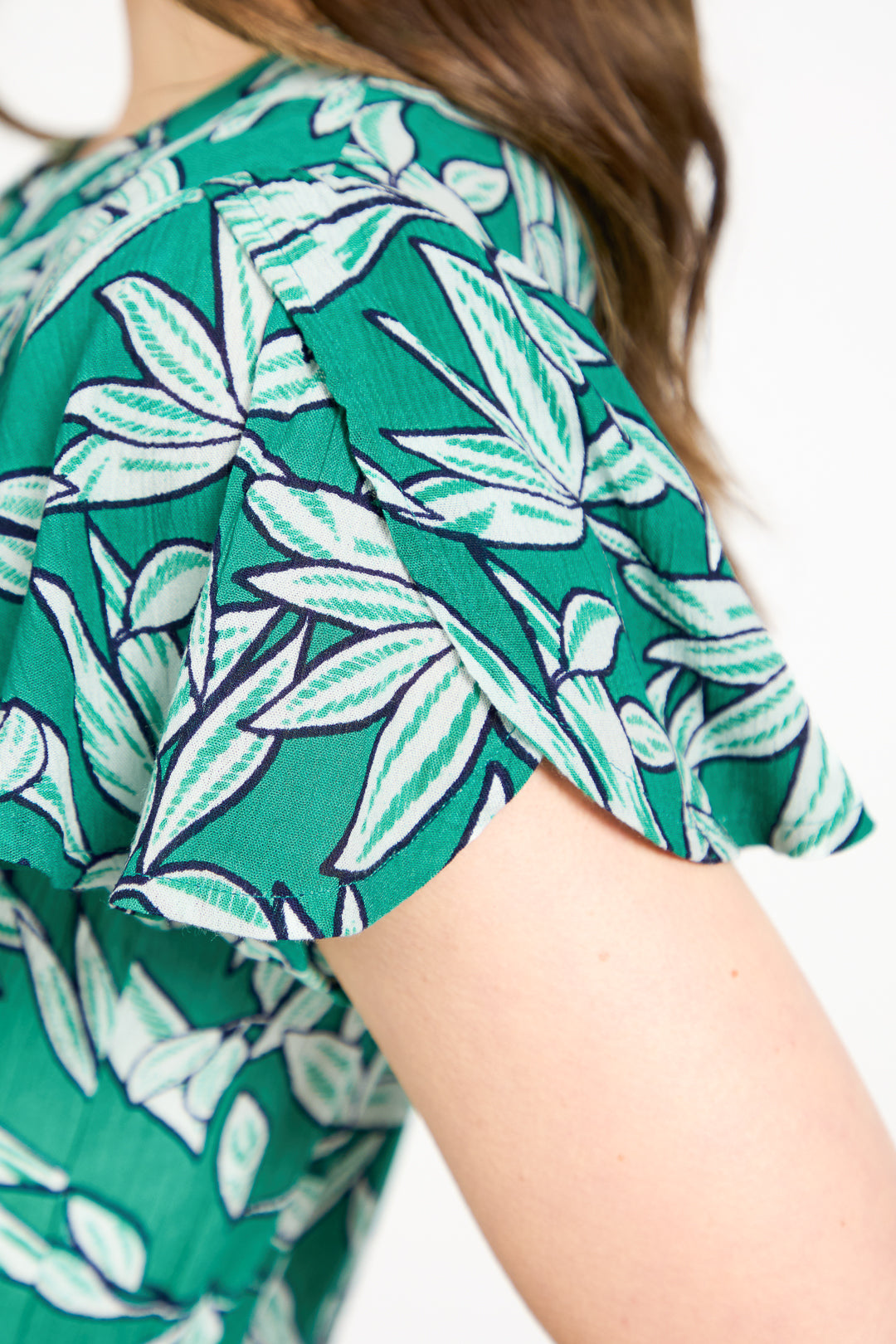Leaf Print Button-Up Elasticated Tie-Front Flared Midi Dress