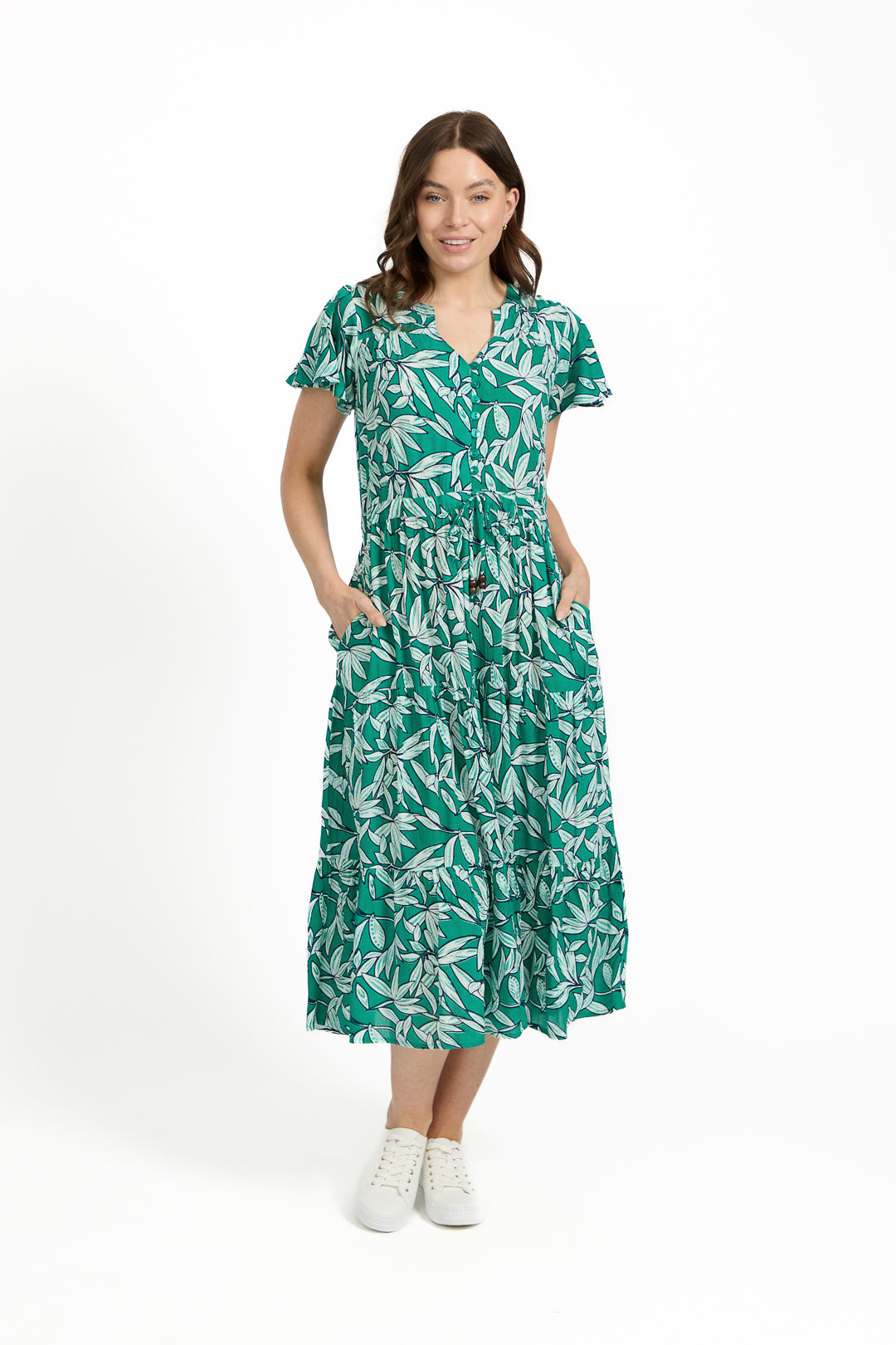 Leaf Print Button-Up Elasticated Tie-Front Flared Midi Dress