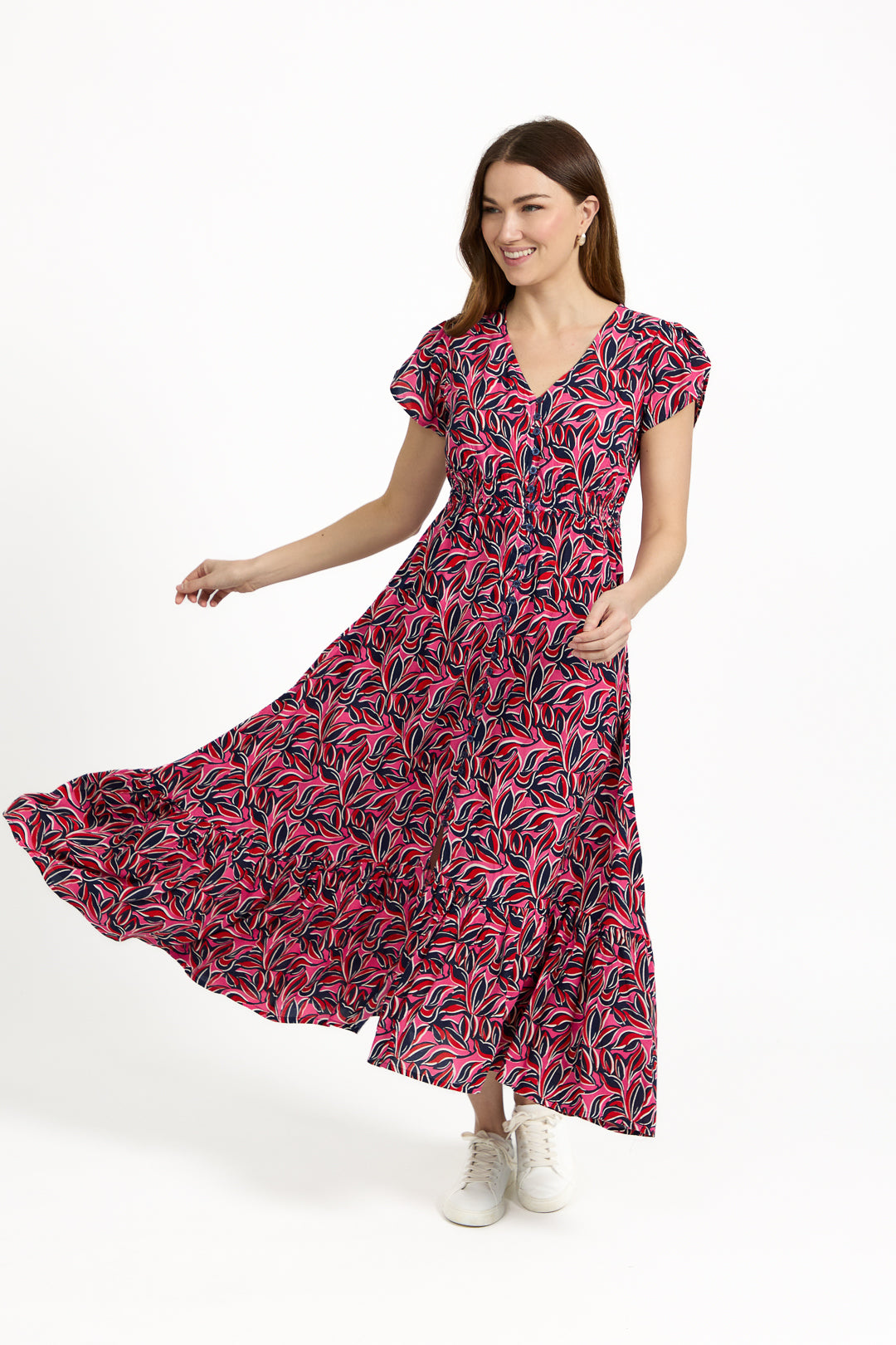Leaf Print Flared Button-Up Midi Dress