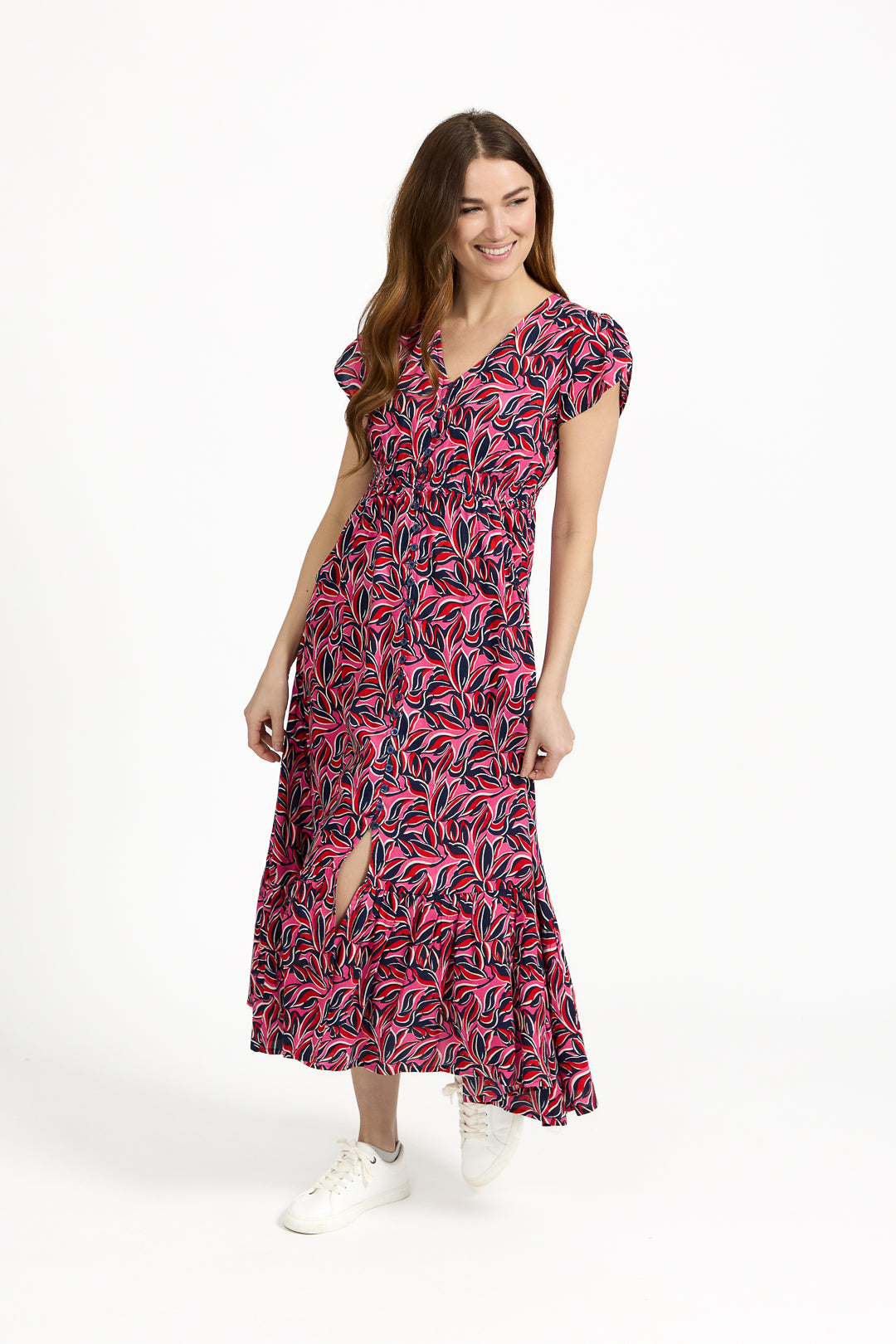 Leaf Print Flared Button-Up Midi Dress