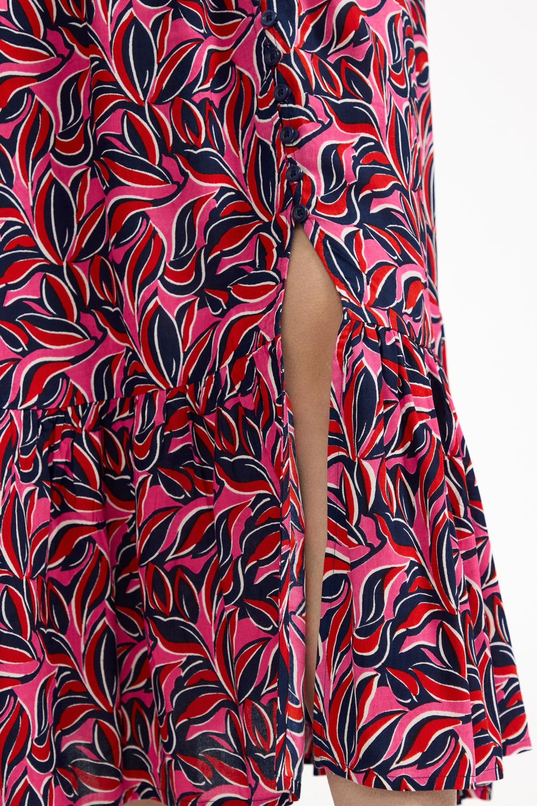 Leaf Print Flared Button-Up Midi Dress