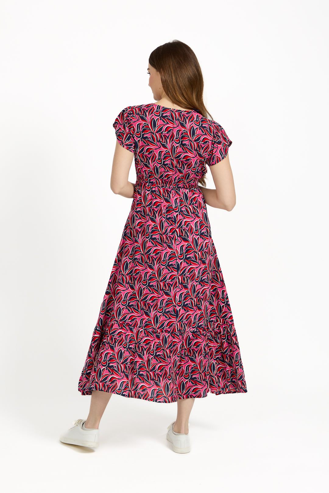 Leaf Print Flared Button-Up Midi Dress