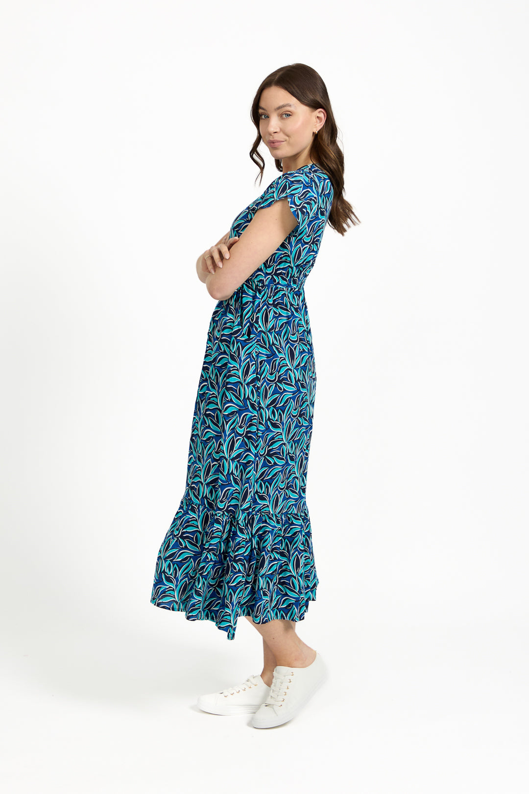 Leaf Print Flared Button-Up Midi Dress