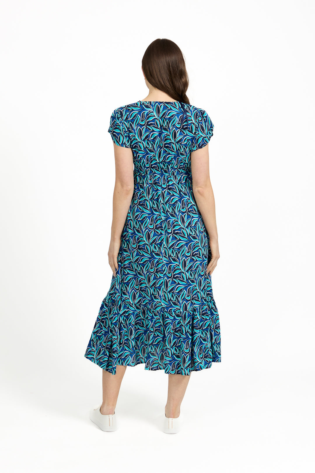 Leaf Print Flared Button-Up Midi Dress