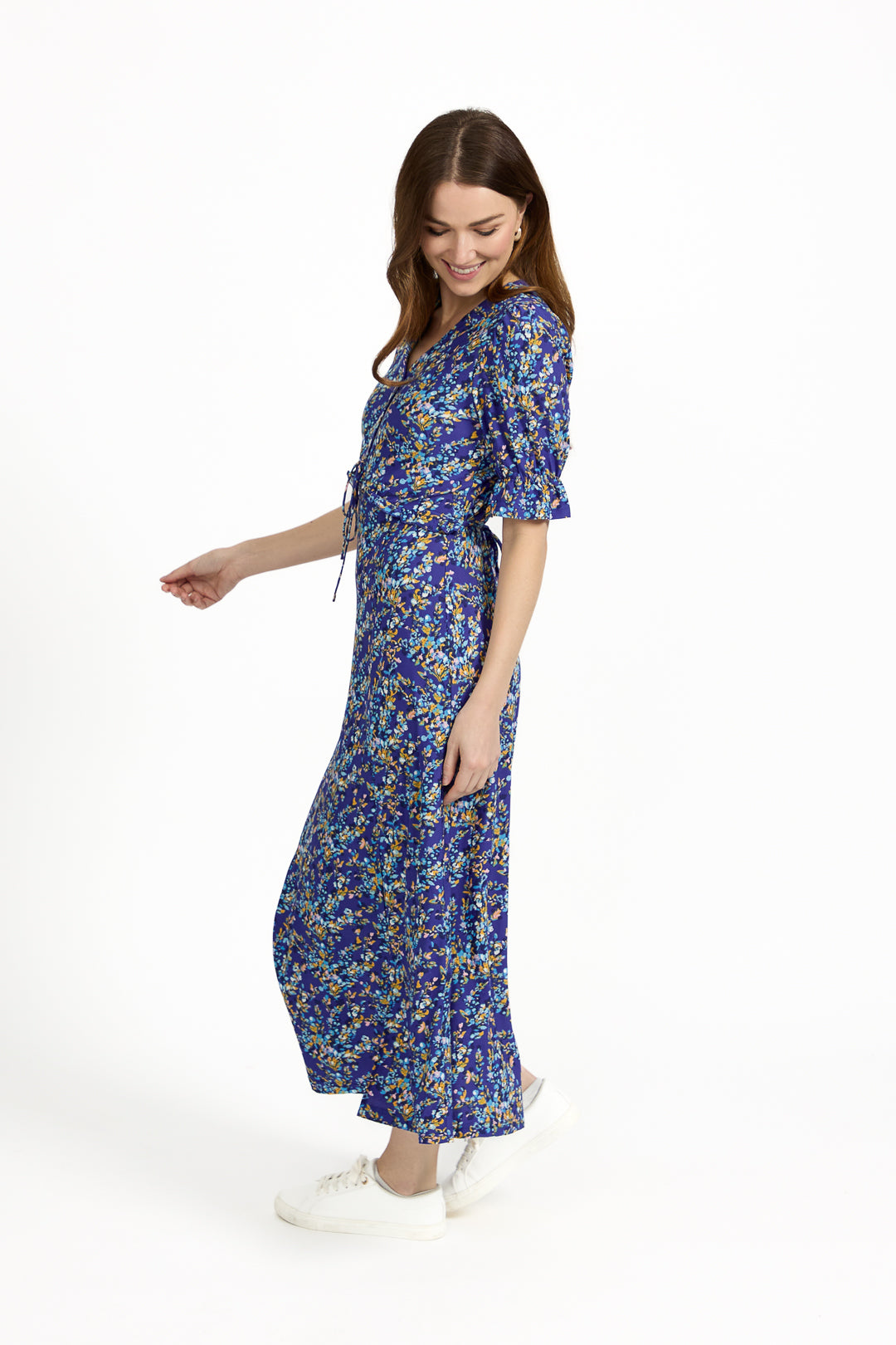 Ditsy Print Button-Up Tie-Front Midi Dress