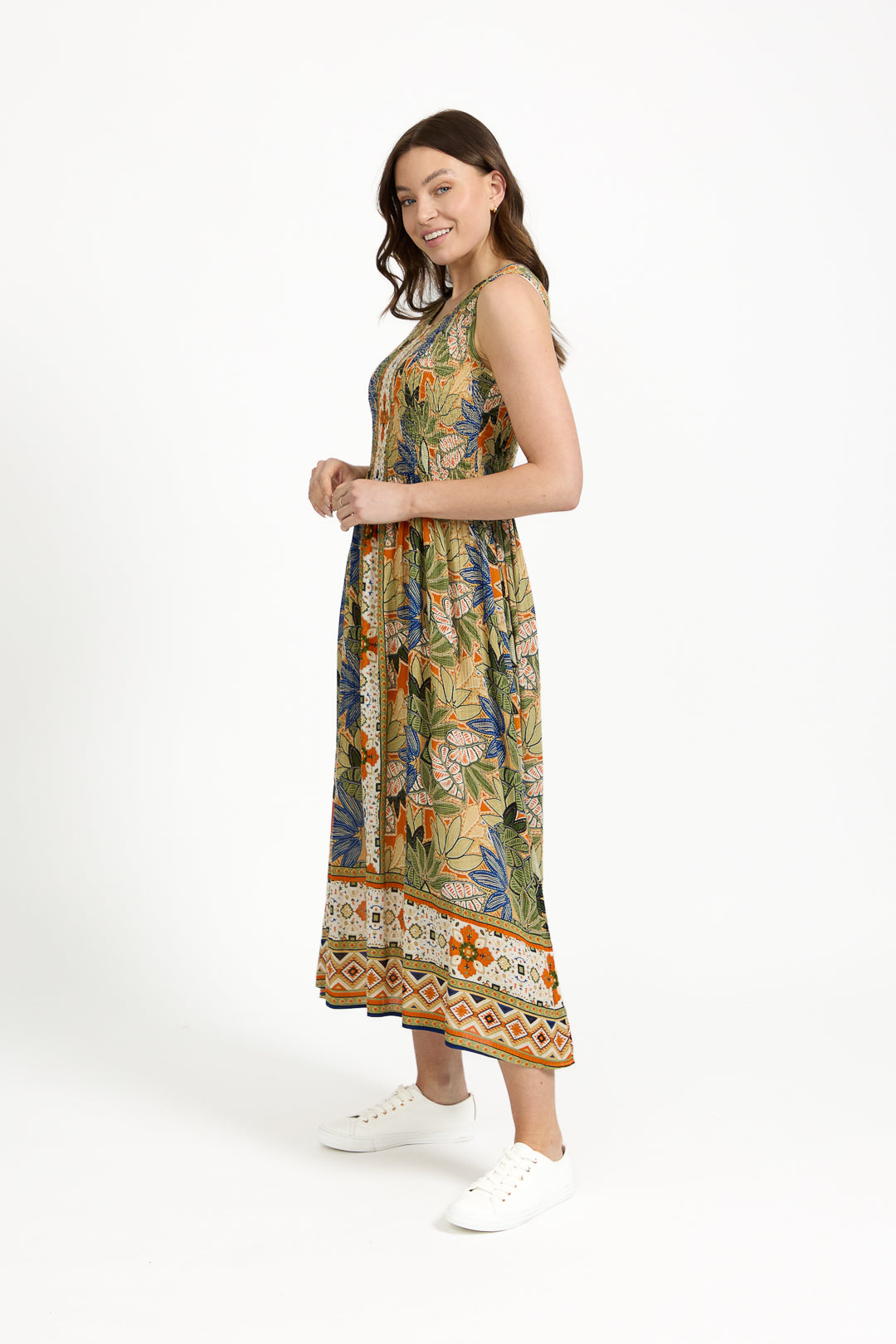 Floral Print Border Shirred Bodice Sleeveless Midi Dress