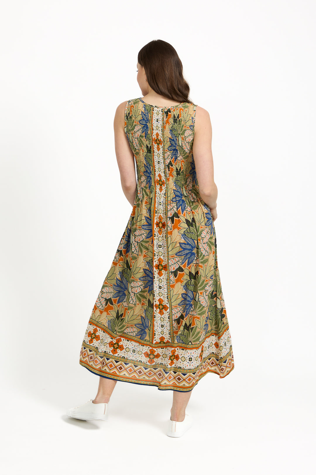 Floral Print Border Shirred Bodice Sleeveless Midi Dress