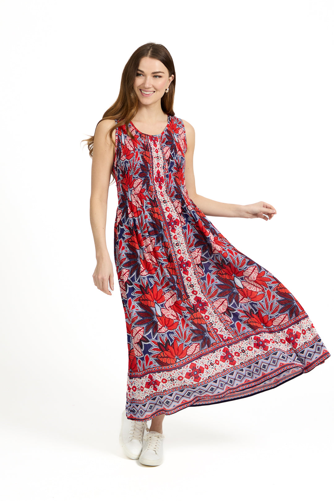 Floral Print Border Shirred Bodice Sleeveless Midi Dress