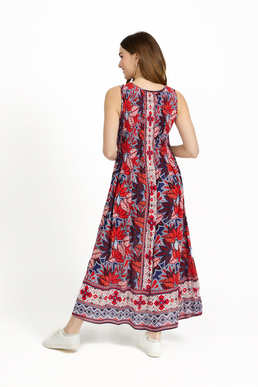 Floral Print Border Shirred Bodice Sleeveless Midi Dress