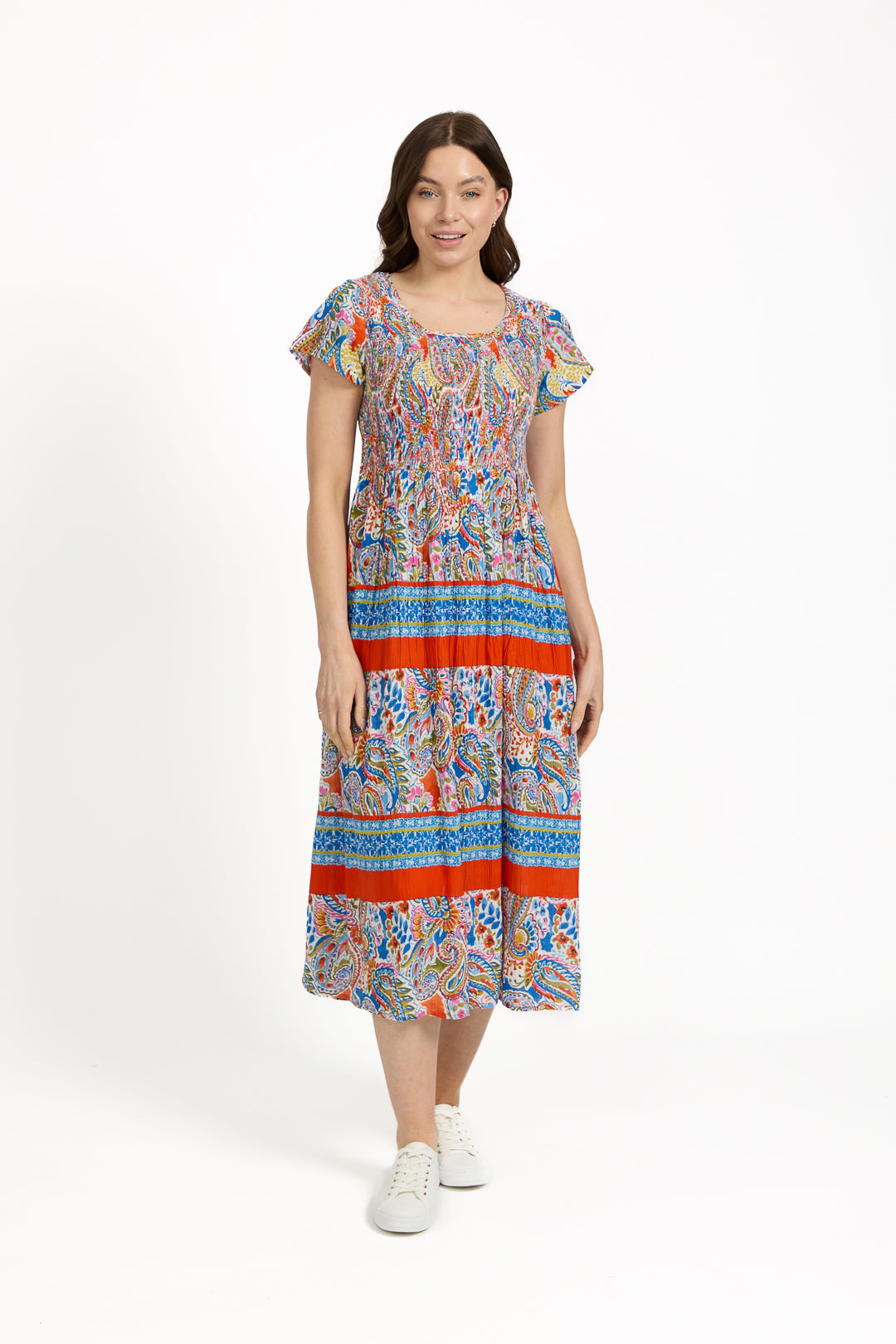Paisley Border Print Shirred Bodice Midi Dress