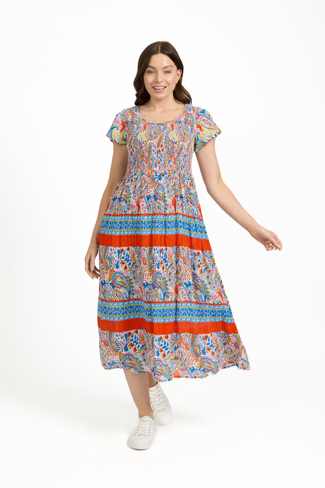 Paisley Border Print Shirred Bodice Midi Dress