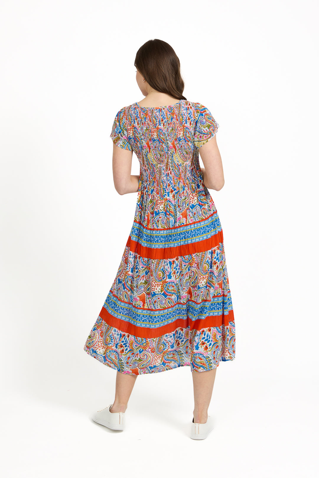 Paisley Border Print Shirred Bodice Midi Dress
