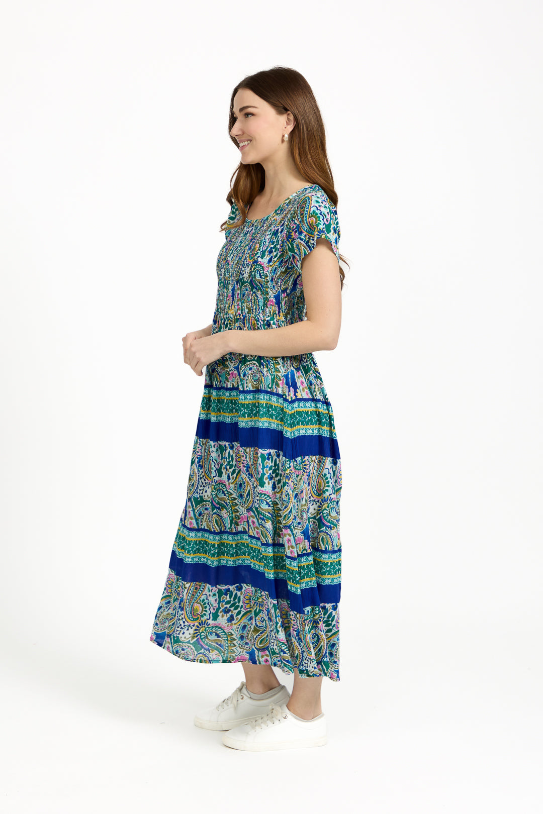 Paisley Border Print Shirred Bodice Midi Dress