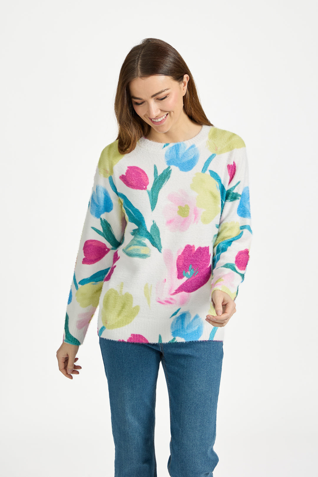Floral Print Fluffy Yarn Jumper