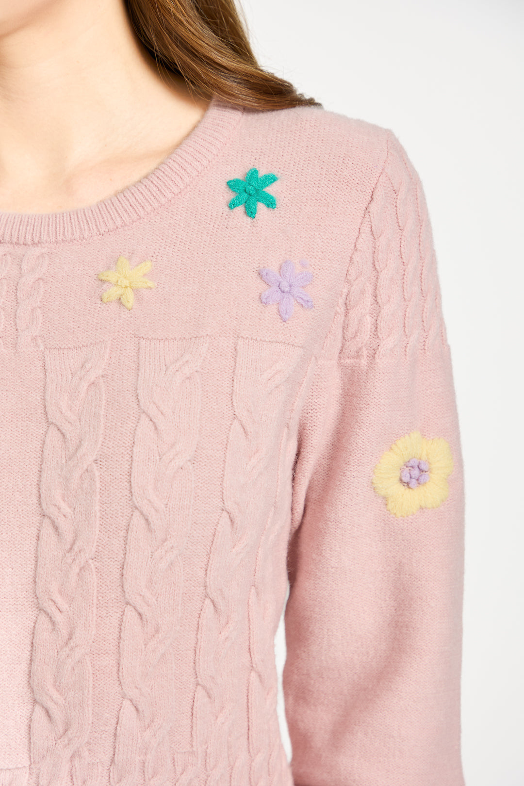 Cable Knit Flower Embroidered Jumper