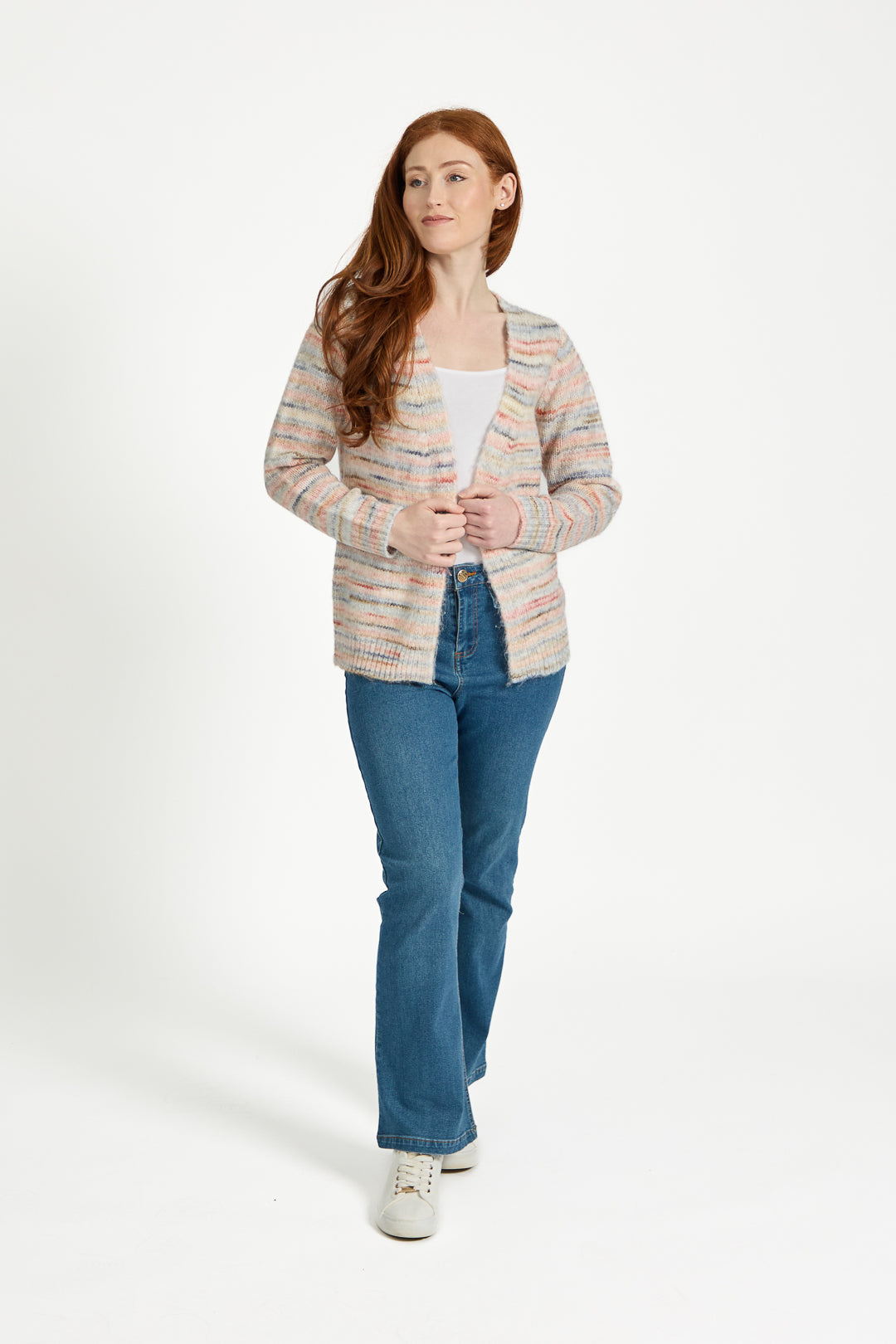 Space Dye Stripe Open-Front Knit Cardigan