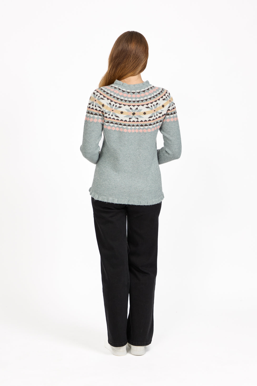 Fair Isle Yoke Crew Neck Frill Knit Jumper