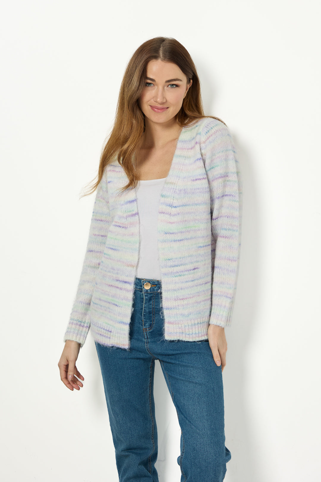 Space Dye Stripe Open-Front Knit Cardigan